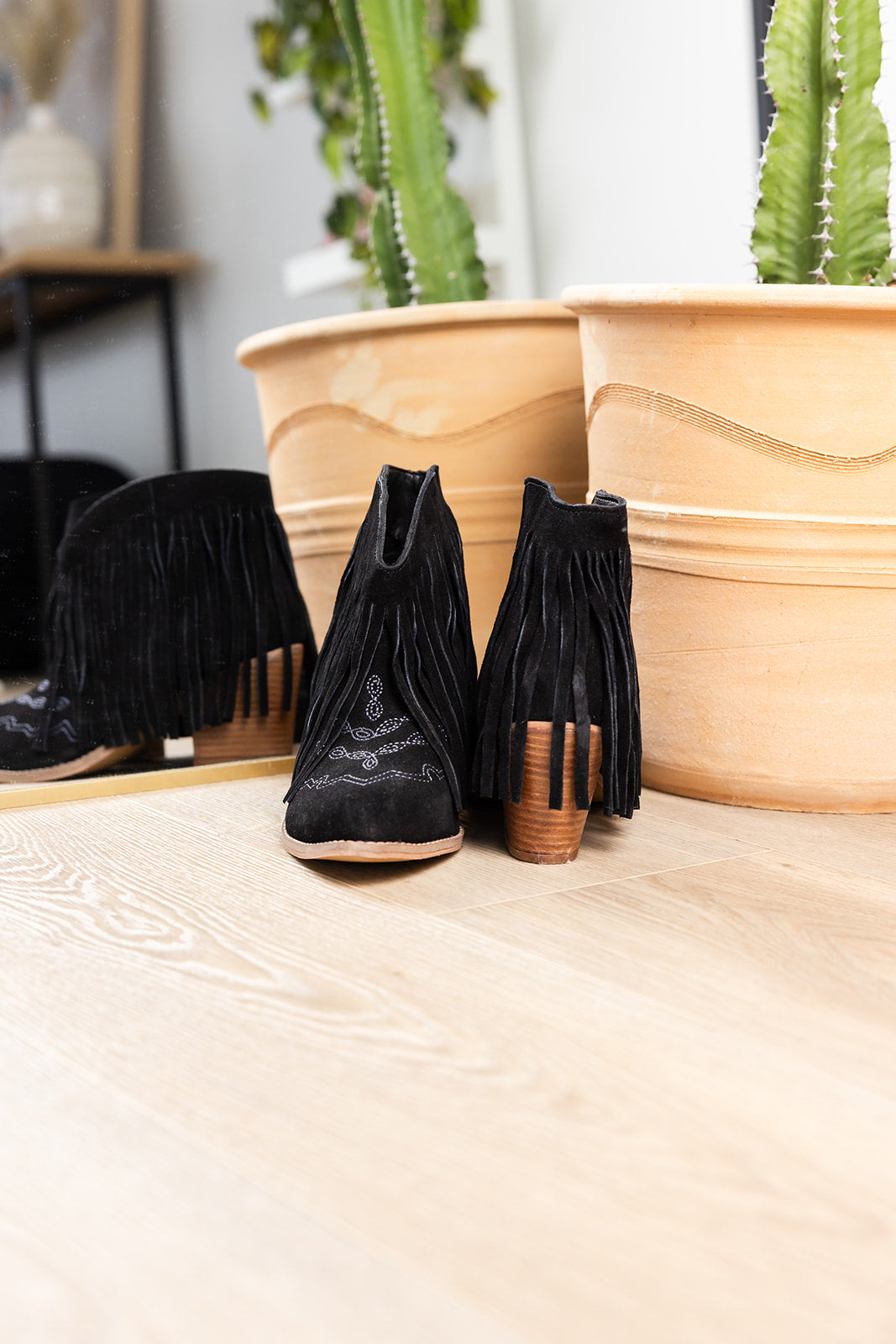 Amos Fringe Ankle Bootie in Tan Suede