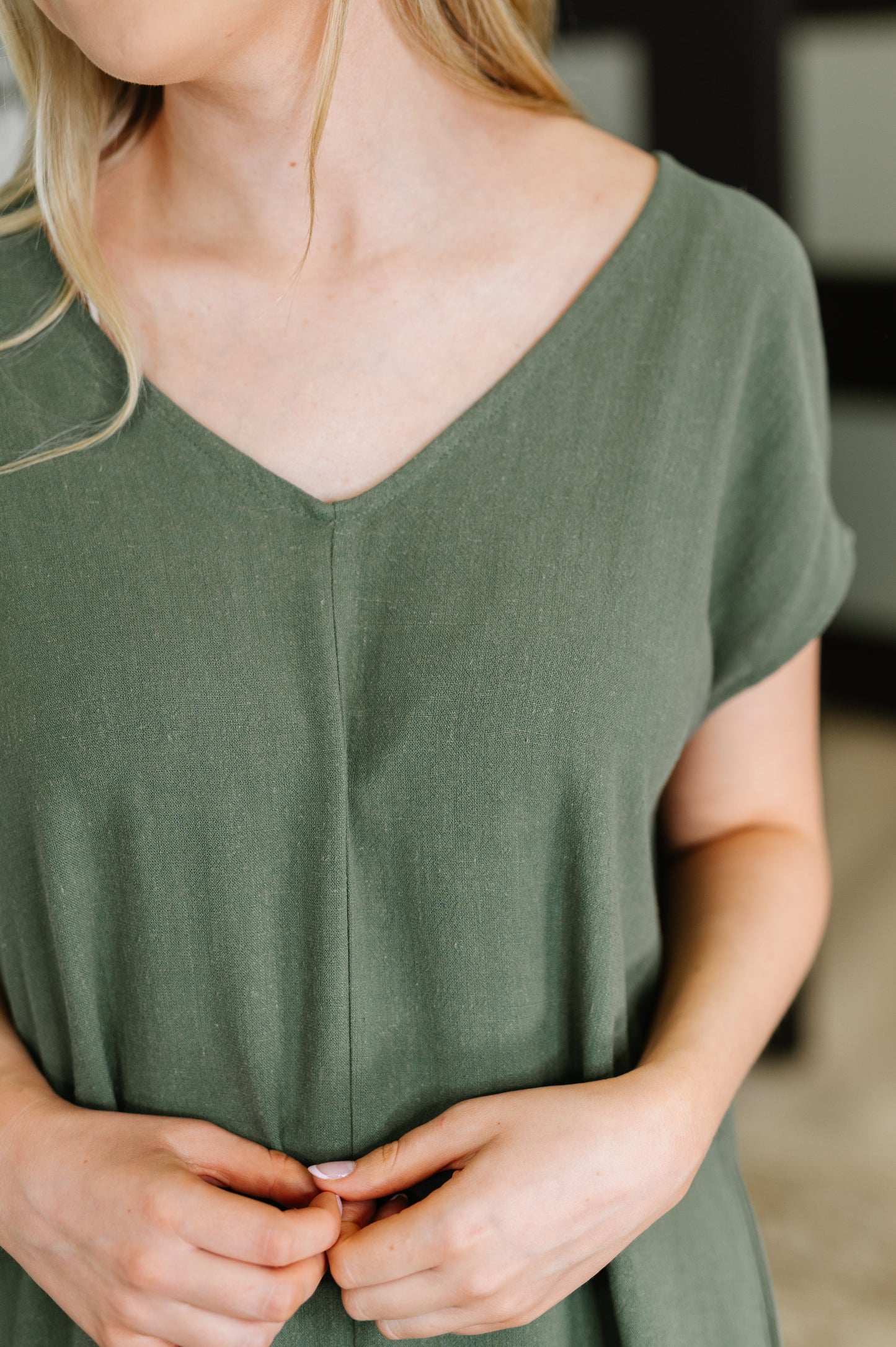 Barely Trying V-Neck Relaxed Dress in Gray Green