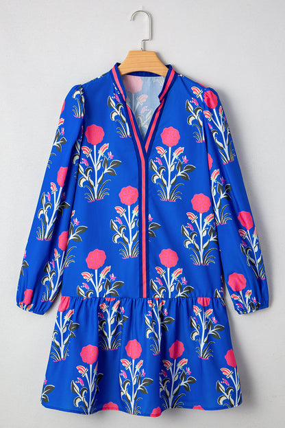 Blue Floral Notched Neck Dress LT