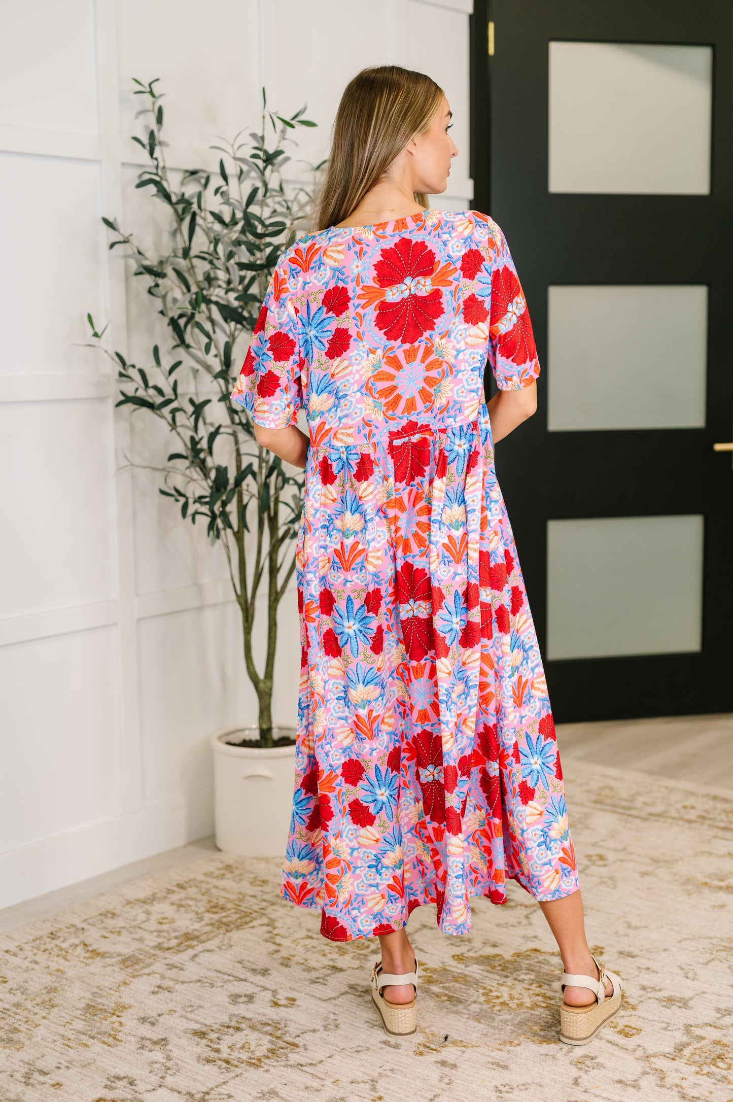 PREORDER: Half Sleeve Poplin Woven Dress in Pink and Blue Floral