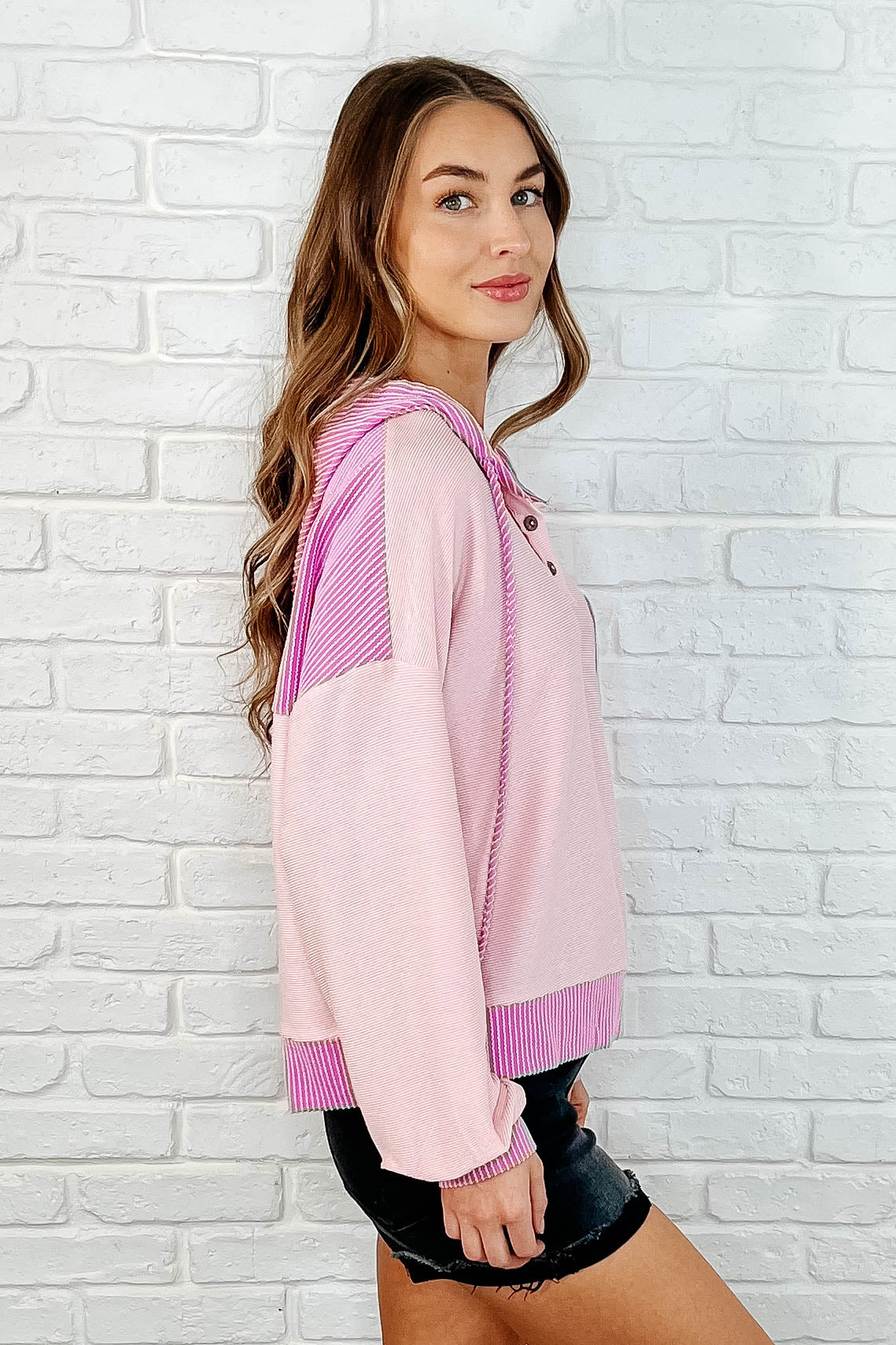 Here for Now Color Block Hoodie in Pink