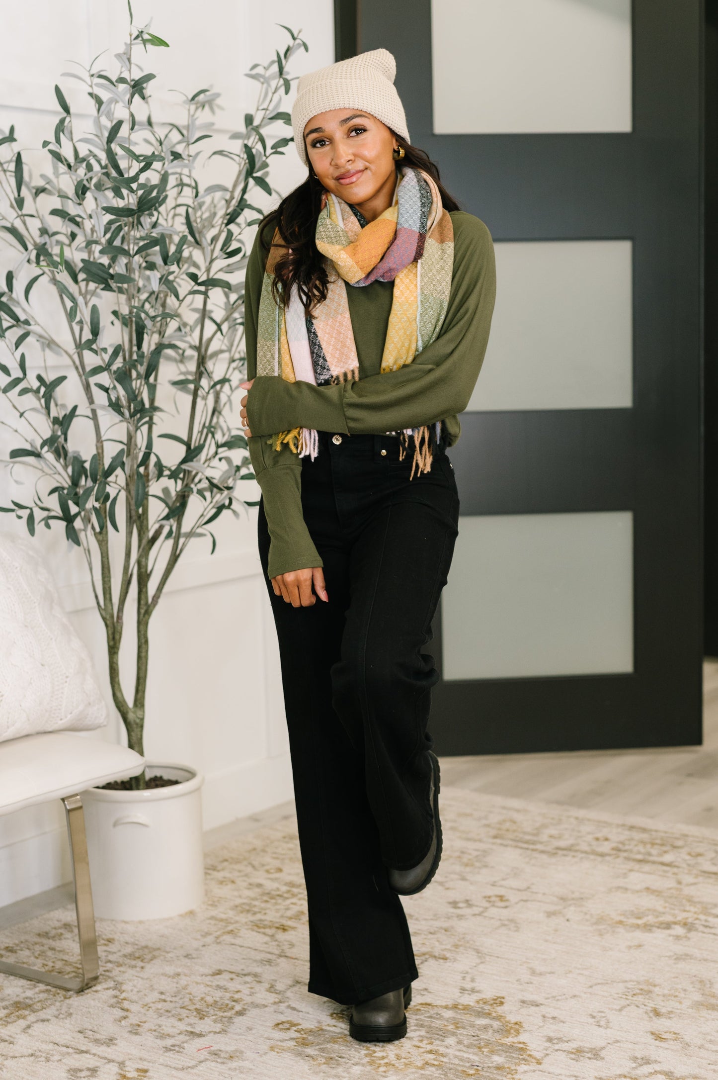 Keep Me Cozy Checkered Fringe Scarf in Pine and Petals