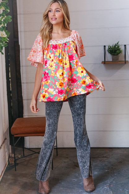 Coral Floral Flutter Sleeve Lace Square Neck Top