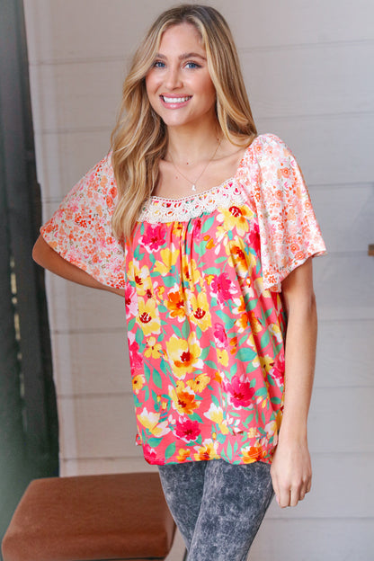 Coral Floral Flutter Sleeve Lace Square Neck Top