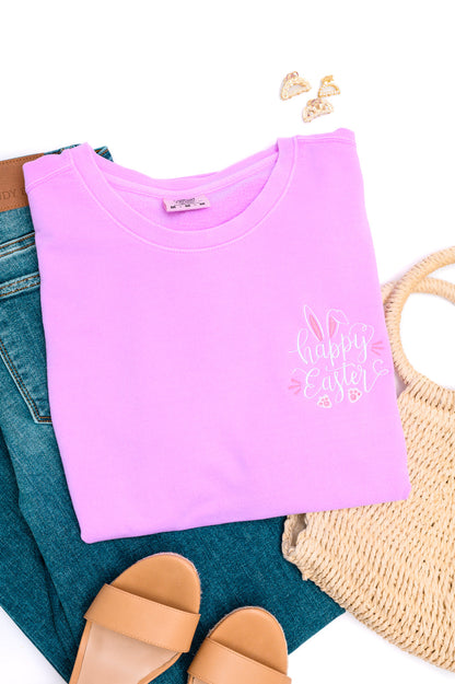 PREORDER: Embroidered Happy Easter Sweatshirt in Violet